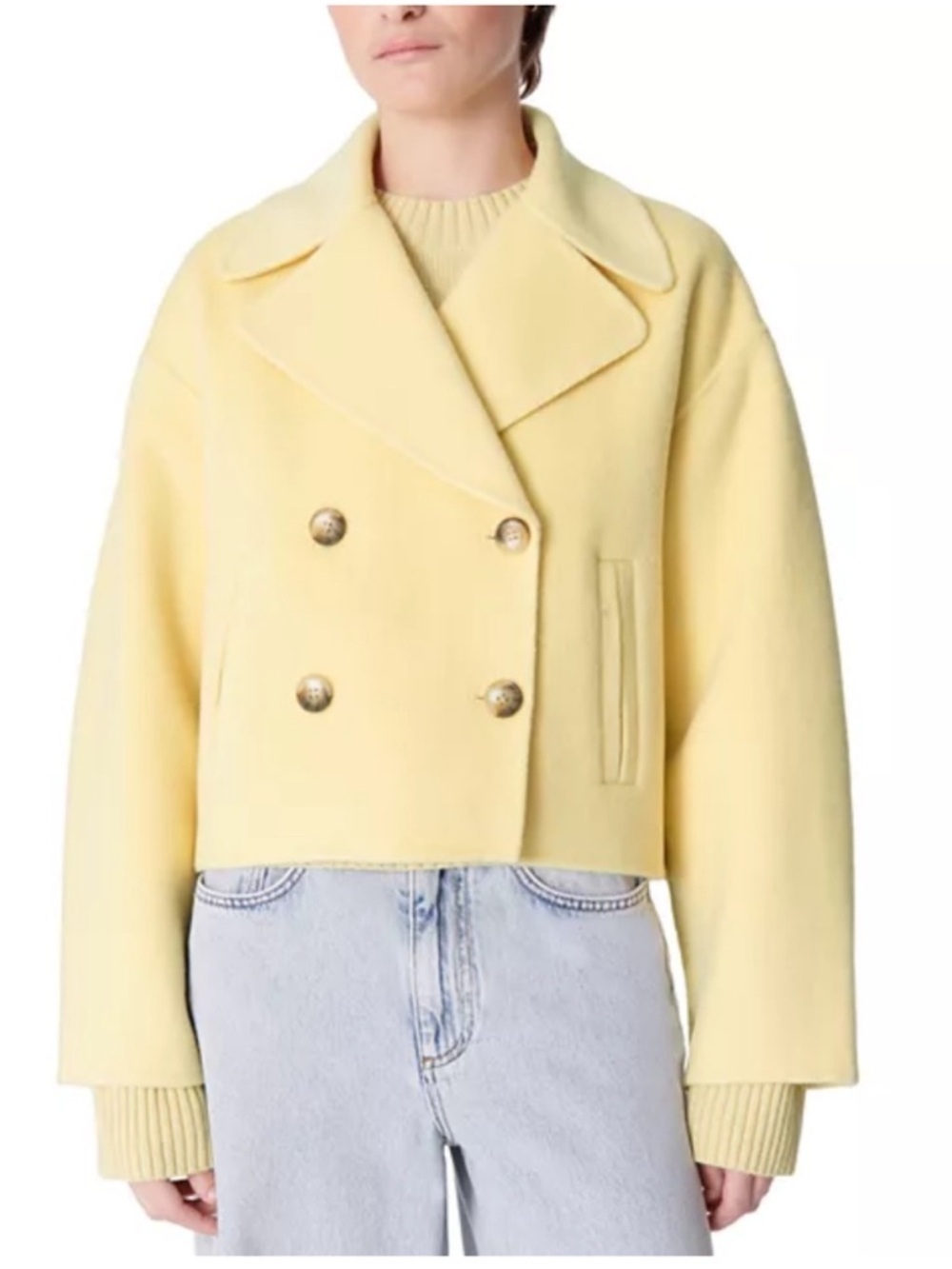 NWOT Vanessa Bruno Pale Yellow Cropped Double-Breasted Pea Coat XSmall/Small